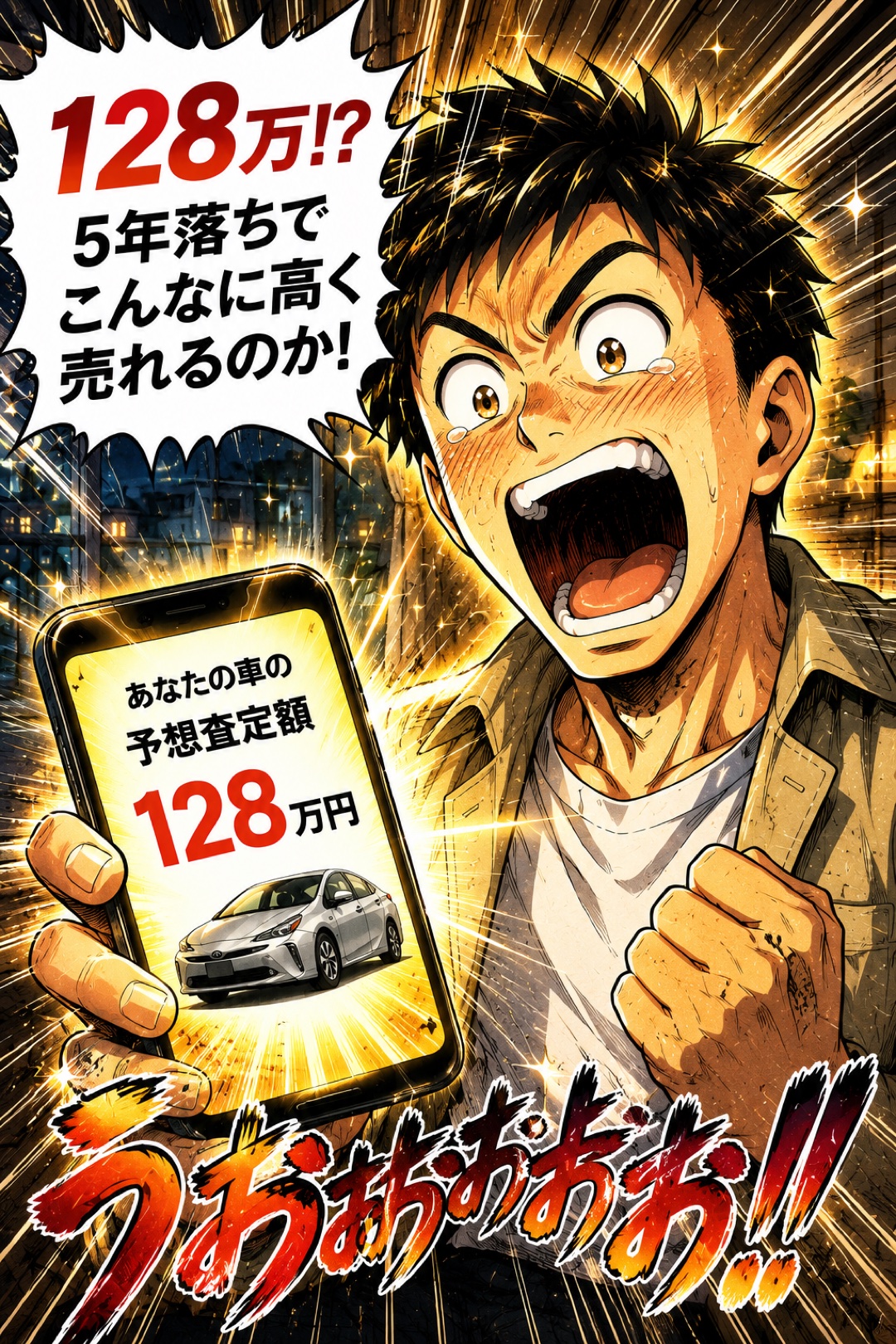 ウェブ査定で予想額128万円が表示され喜ぶゴウ